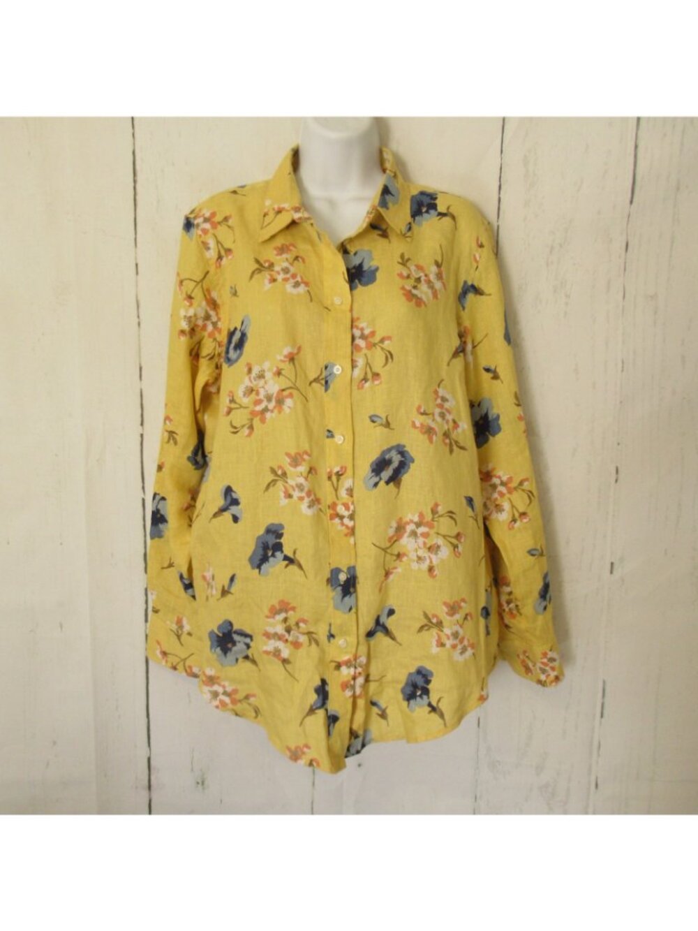 Lauren Ralph Lauren Top L‎ Yellow Floral Linen Button Up Roll Tab Long Sleeve